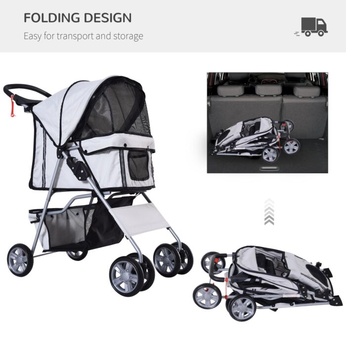 Pawhut Dog Pram Pet Stroller Dog Pushchair Foldable Travel Carriage With Wheels Zipper Entry Cup Holder Storage Basket Grey