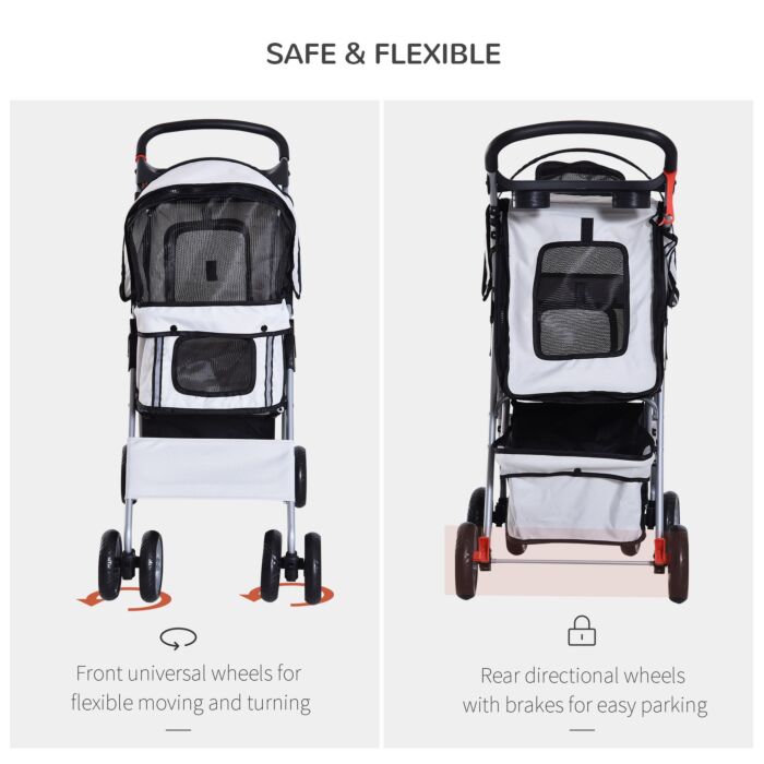 Pawhut Dog Pram Pet Stroller Dog Pushchair Foldable Travel Carriage With Wheels Zipper Entry Cup Holder Storage Basket Grey