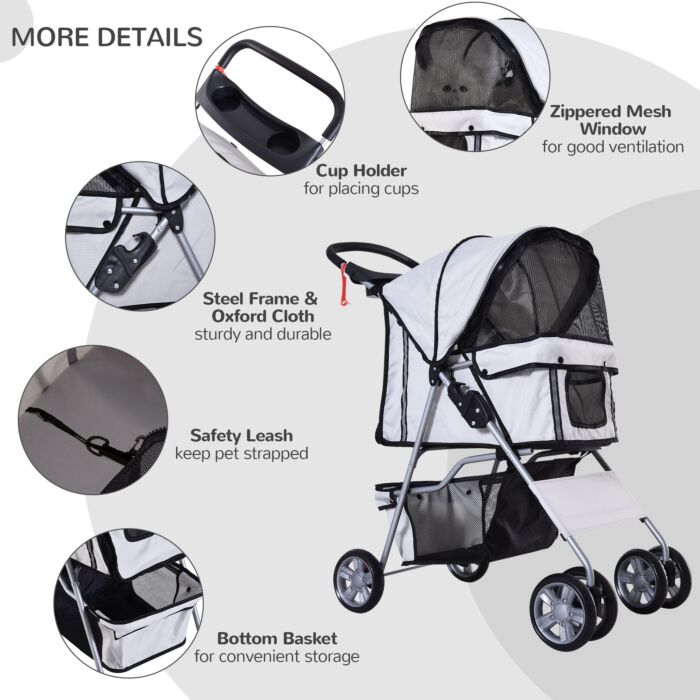 Pawhut Dog Pram Pet Stroller Dog Pushchair Foldable Travel Carriage With Wheels Zipper Entry Cup Holder Storage Basket Grey