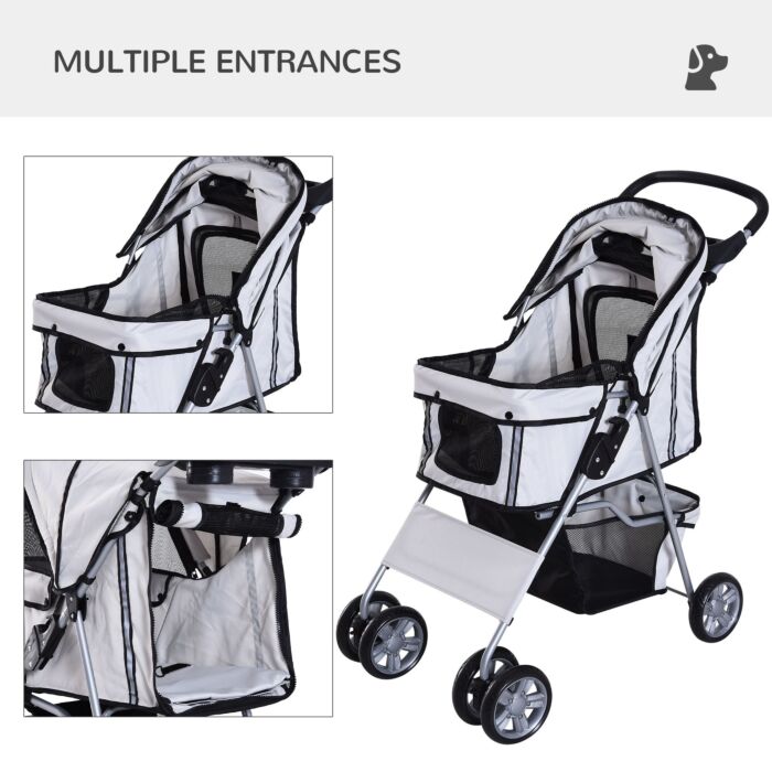Pawhut Dog Pram Pet Stroller Dog Pushchair Foldable Travel Carriage With Wheels Zipper Entry Cup Holder Storage Basket Grey