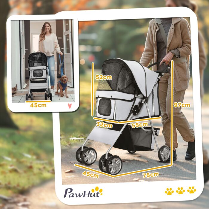 Pawhut Dog Pram Pet Stroller Dog Pushchair Foldable Travel Carriage With Wheels Zipper Entry Cup Holder Storage Basket Grey