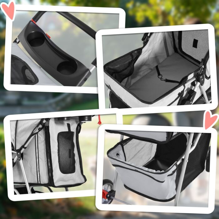 Pawhut Dog Pram Pet Stroller Dog Pushchair Foldable Travel Carriage With Wheels Zipper Entry Cup Holder Storage Basket Grey