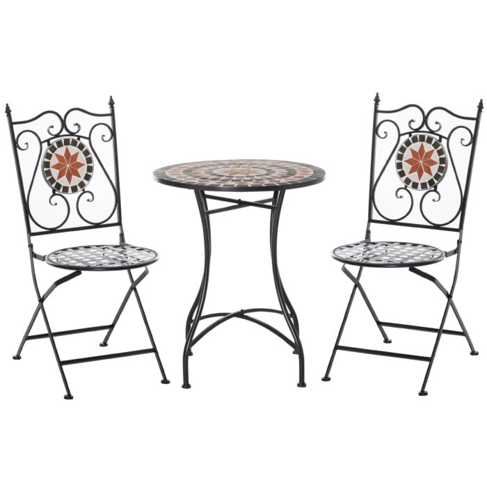 Outsunny 3 Pieces Garden Furniture Set, Bistro Set With 1 Ceramic Tile Round Table And 2 Foldable Chairs For Outdoor, Indoor, Patio, Balcony, Black