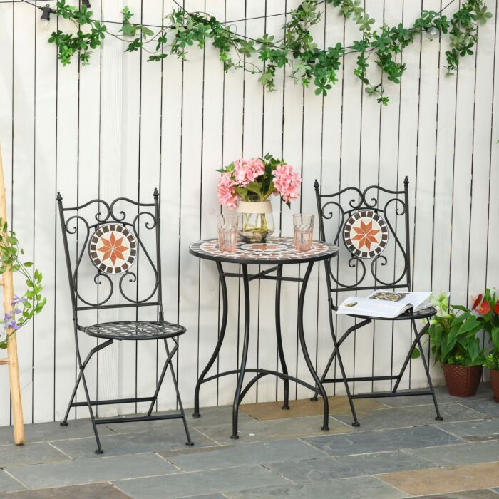 Outsunny 3 Pieces Garden Furniture Set, Bistro Set With 1 Ceramic Tile Round Table And 2 Foldable Chairs For Outdoor, Indoor, Patio, Balcony, Black