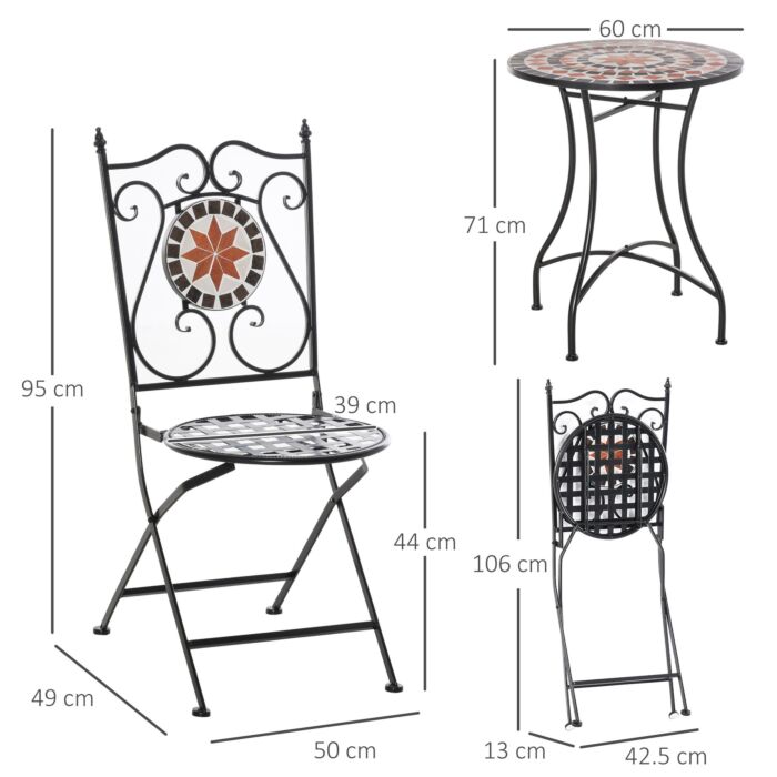 Outsunny 3 Pieces Garden Furniture Set, Bistro Set With 1 Ceramic Tile Round Table And 2 Foldable Chairs For Outdoor, Indoor, Patio, Balcony, Black