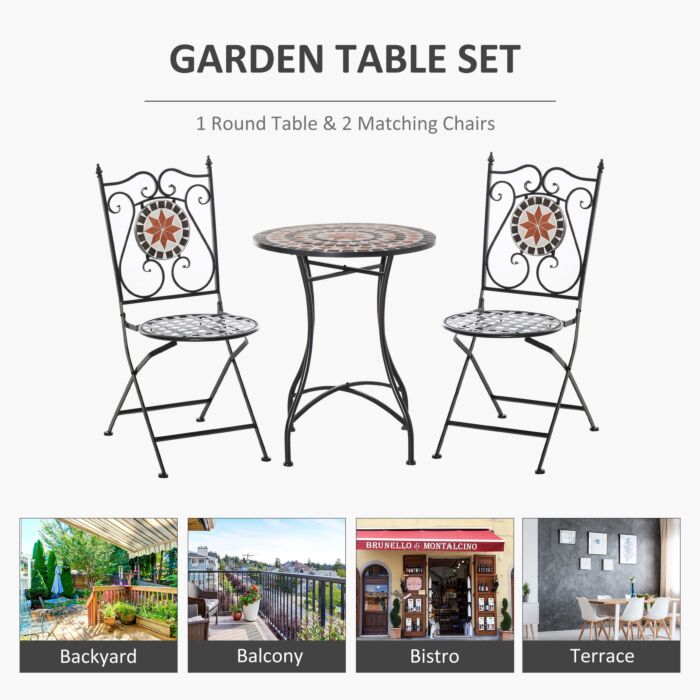 Outsunny 3 Pieces Garden Furniture Set, Bistro Set With 1 Ceramic Tile Round Table And 2 Foldable Chairs For Outdoor, Indoor, Patio, Balcony, Black