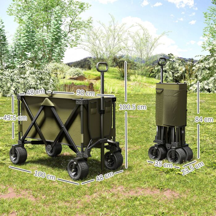 Outsunny Folding Garden Trolley On Wheels, Collapsible Camping Trolley, Outdoor Utility Wagon With Steel Frame And Oxford Fabric, Green