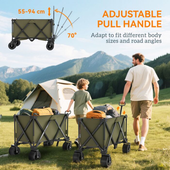 Outsunny Folding Garden Trolley On Wheels, Collapsible Camping Trolley, Outdoor Utility Wagon With Steel Frame And Oxford Fabric, Green