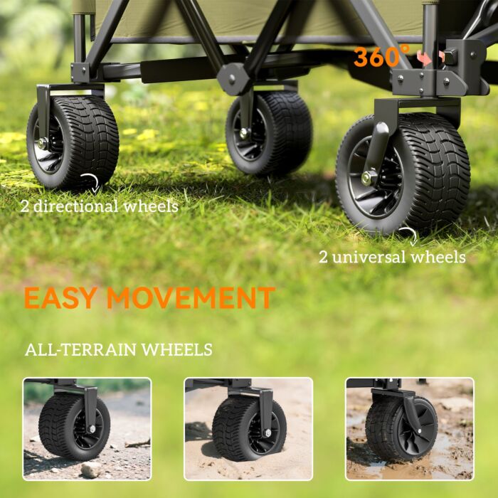Outsunny Folding Garden Trolley On Wheels, Collapsible Camping Trolley, Outdoor Utility Wagon With Steel Frame And Oxford Fabric, Green