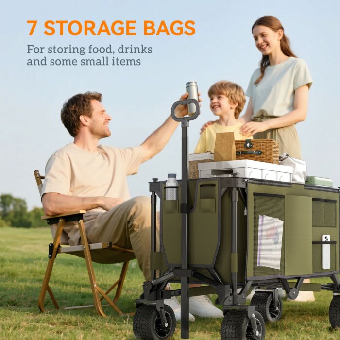 Outsunny Folding Garden Trolley On Wheels, Collapsible Camping Trolley, Outdoor Utility Wagon With Steel Frame And Oxford Fabric, Green