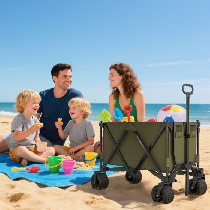 Outsunny Folding Garden Trolley On Wheels, Collapsible Camping Trolley, Outdoor Utility Wagon With Steel Frame And Oxford Fabric, Green
