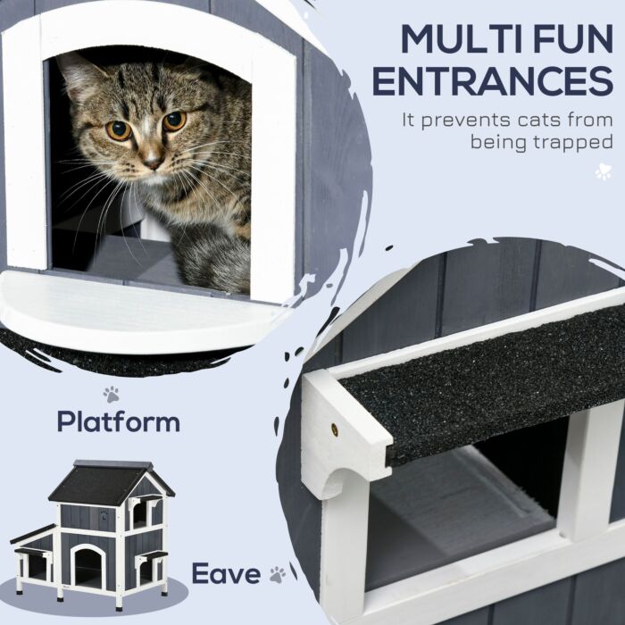 Pawhut Wooden Cat House Outdoor With Flower Pot, 2 Tiers Cat Shelter With Window, Multiple Entrances, Water-resistant Roof, Grey