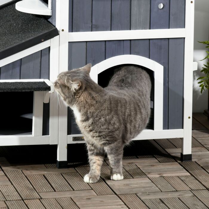 Pawhut Wooden Cat House Outdoor With Flower Pot, 2 Tiers Cat Shelter With Window, Multiple Entrances, Water-resistant Roof, Grey