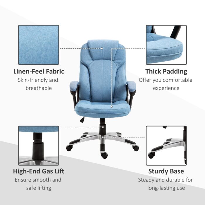 Vinsetto Linen Fabric Home Office Chair, Height Adjustable Computer Chair With Padded Armrests And Tilt Function, Blue