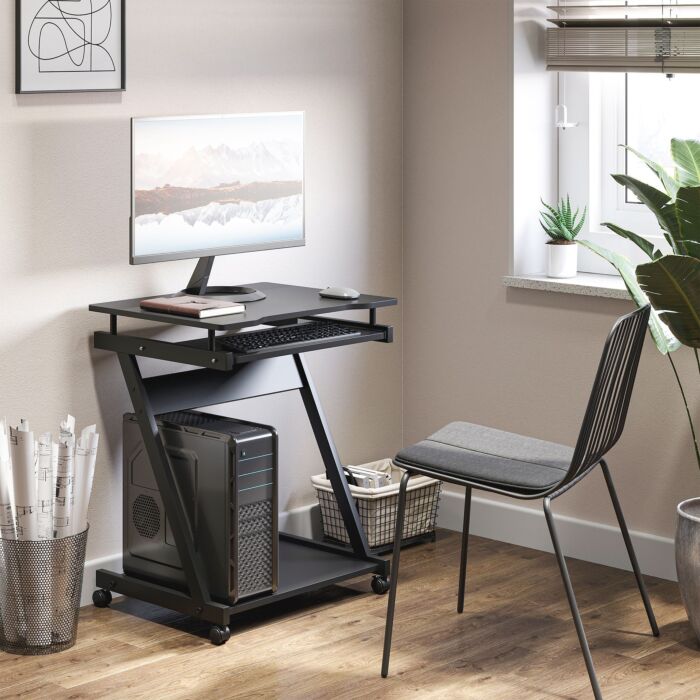 Homcom Movable Compact Small Computer Desk With 4 Moving Wheels Sliding Keyboard Tray Home Office Gaming Study Workstation Black