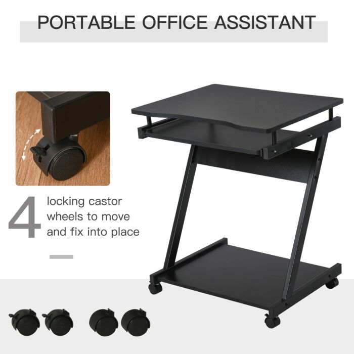 Homcom Movable Compact Small Computer Desk With 4 Moving Wheels Sliding Keyboard Tray Home Office Gaming Study Workstation Black