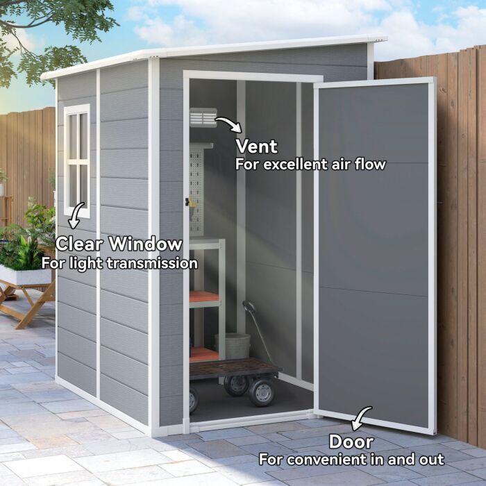 Outsunny 4'x5' Garden Storage Shed, Lean To Shed, Lockable Garden Shed With Window, Vent And Plastic Roof, Grey