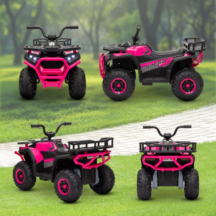Aiyaplay 12v Kids Electric Ride On Atv, Battery Powered Quad Bike W/ Spring Suspension, Forward Backward, Storage Basket - Pink