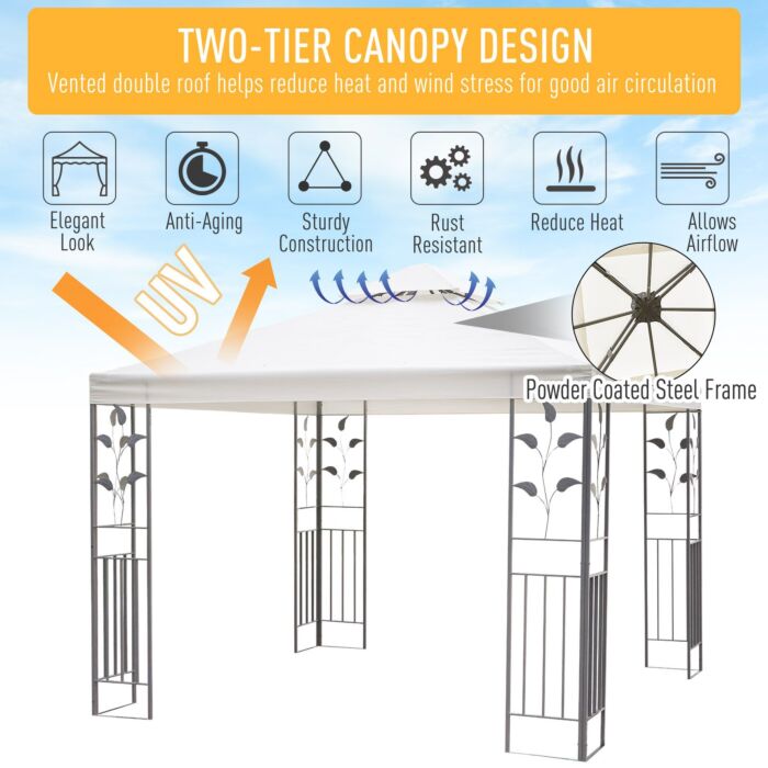 Outsunny 3 X 3m Outdoor Garden Steel Gazebo With 2 Tier Roof, Patio Canopy Marquee Patio Party Tent Canopy Shelter Vented Roof Decorative Frame Cream