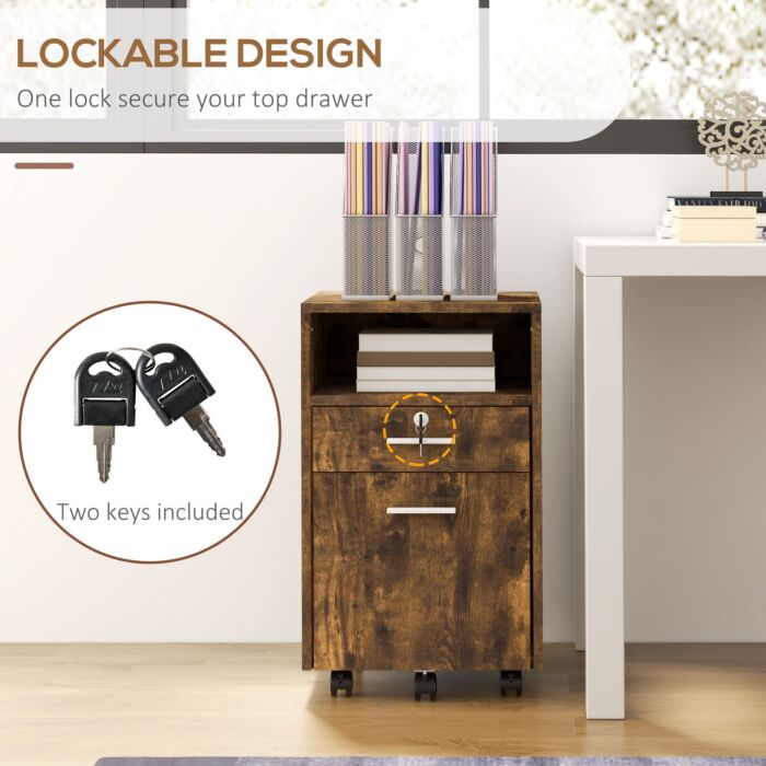 Vinsetto Lockable Filing Cabinet For Home Office, Mobile File Cabinet With Wheels Hanging Bar For A4, Letter Size, Rustic Brown