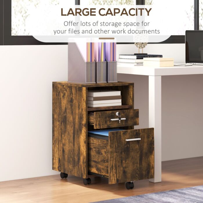 Vinsetto Lockable Filing Cabinet For Home Office, Mobile File Cabinet With Wheels Hanging Bar For A4, Letter Size, Rustic Brown