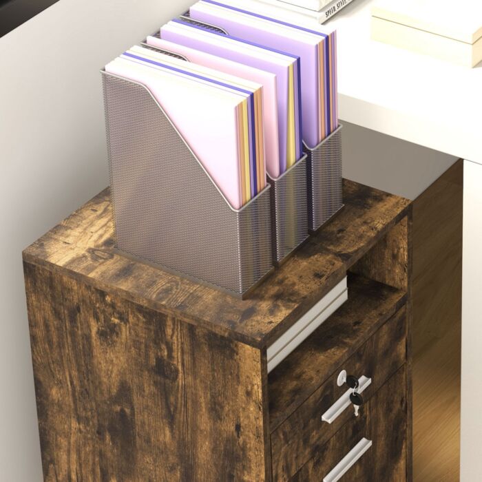 Vinsetto Lockable Filing Cabinet For Home Office, Mobile File Cabinet With Wheels Hanging Bar For A4, Letter Size, Rustic Brown