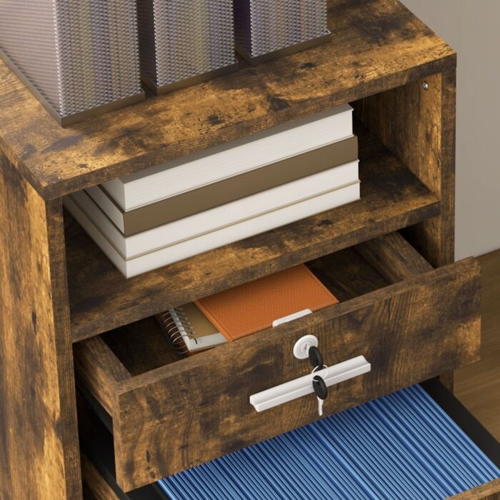 Vinsetto Lockable Filing Cabinet For Home Office, Mobile File Cabinet With Wheels Hanging Bar For A4, Letter Size, Rustic Brown
