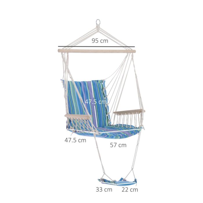 Outsunny Outdoor Hammock Hanging Rope Chair Garden Yard Patio Swing Seat Wooden W/ Footrest Armrest Cotton Cloth (blue)