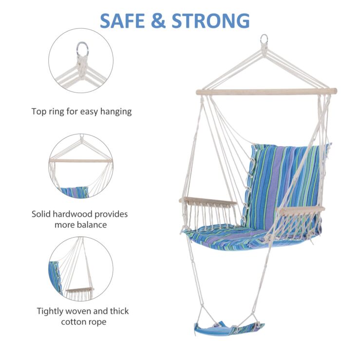 Outsunny Outdoor Hammock Hanging Rope Chair Garden Yard Patio Swing Seat Wooden W/ Footrest Armrest Cotton Cloth (blue)