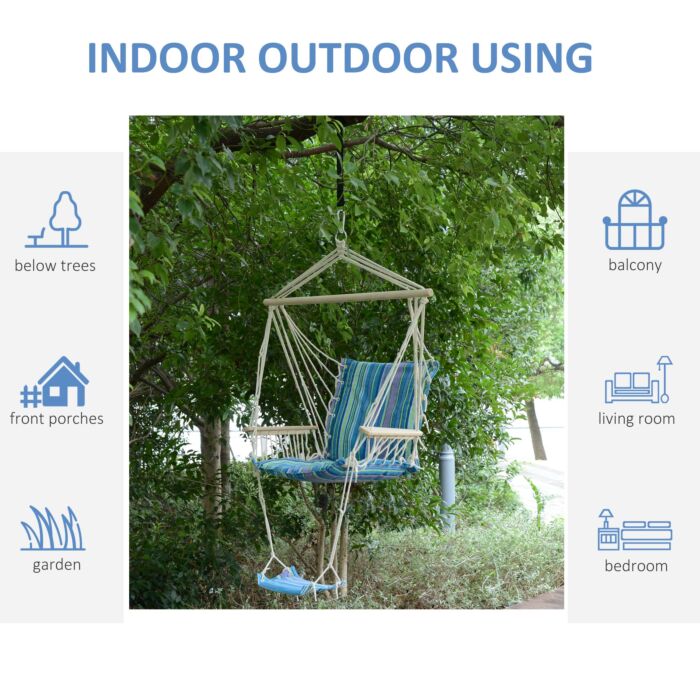 Outsunny Outdoor Hammock Hanging Rope Chair Garden Yard Patio Swing Seat Wooden W/ Footrest Armrest Cotton Cloth (blue)