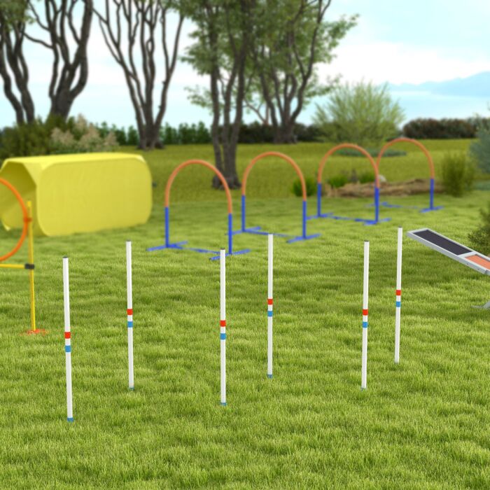 Pawhut Adjustable Dog Agility Training Fun Obstacle Course Set With Weaves Poles And Storage Bag For Backyard Or Park