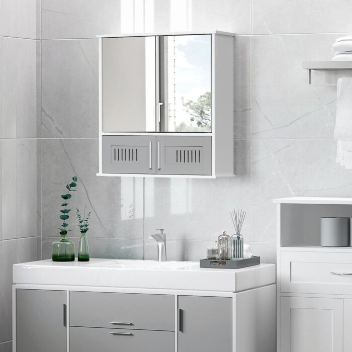 Kleankin Bathroom Mirror Cabinet, Wall Mounted Storage Cupboard With Double Doors And Adjustable Shelf, Bathroom Organizer, Grey