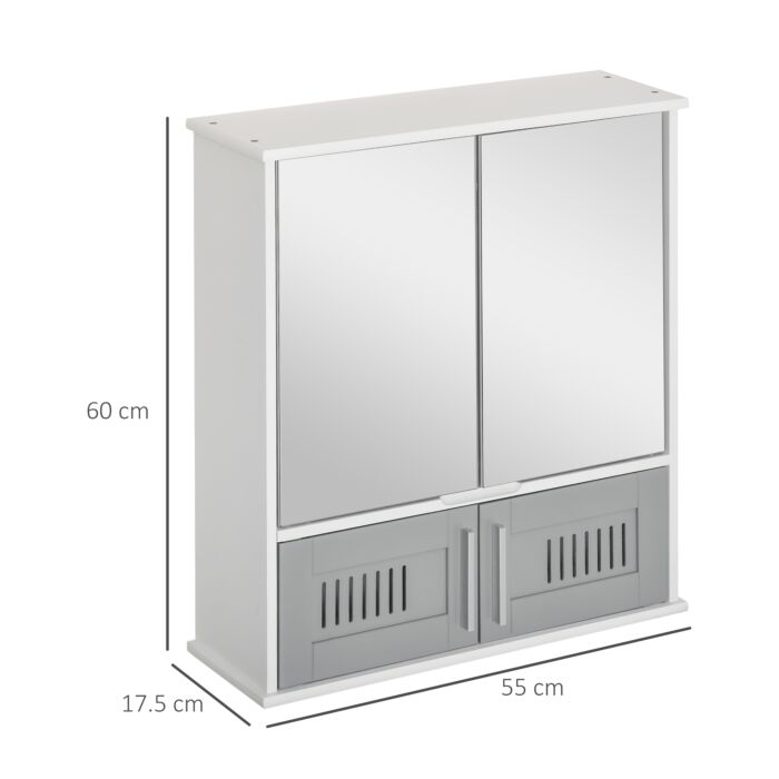 Kleankin Bathroom Mirror Cabinet, Wall Mounted Storage Cupboard With Double Doors And Adjustable Shelf, Bathroom Organizer, Grey