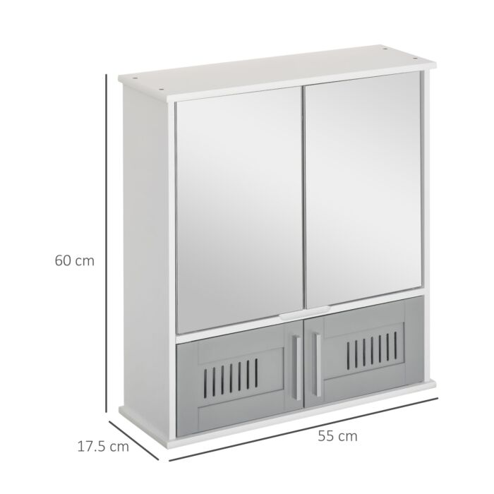 Kleankin Bathroom Mirror Cabinet, Wall Mounted Storage Cupboard With Double Doors And Adjustable Shelf, Bathroom Organizer, Grey