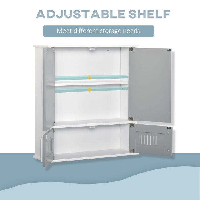 Kleankin Bathroom Mirror Cabinet, Wall Mounted Storage Cupboard With Double Doors And Adjustable Shelf, Bathroom Organizer, Grey