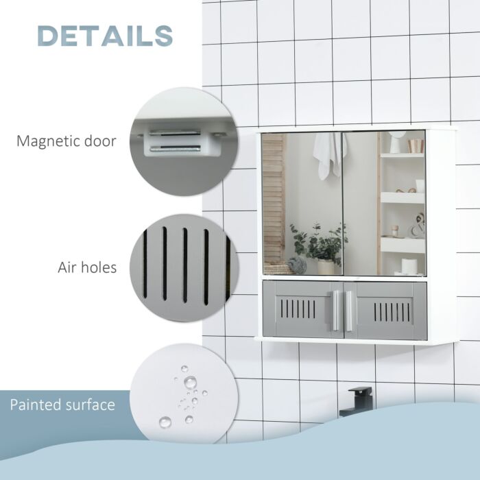 Kleankin Bathroom Mirror Cabinet, Wall Mounted Storage Cupboard With Double Doors And Adjustable Shelf, Bathroom Organizer, Grey