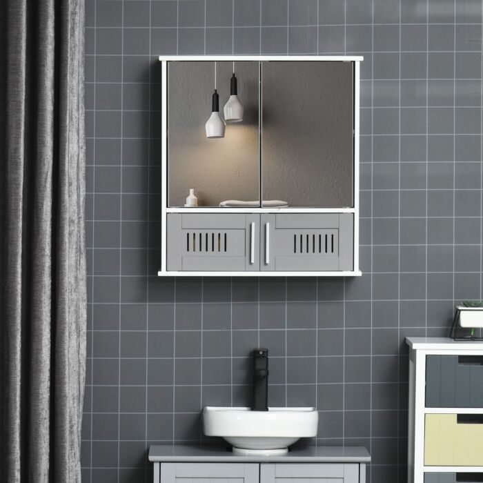 Kleankin Bathroom Mirror Cabinet, Wall Mounted Storage Cupboard With Double Doors And Adjustable Shelf, Bathroom Organizer, Grey