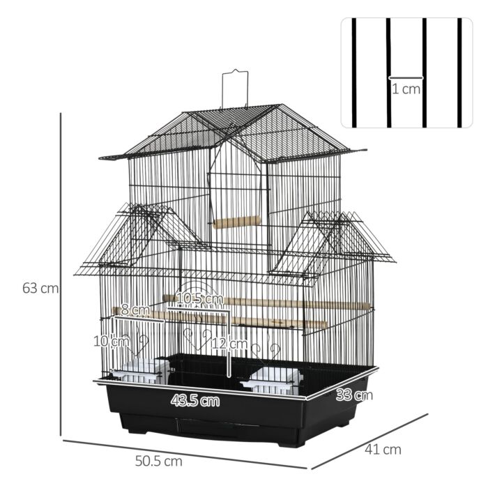 Pawhut Metal Bird Cage With Plastic Swing Perch Food Container Tray Handle For Finch Canary Budgie 50.5 X 40 X 63cm Black