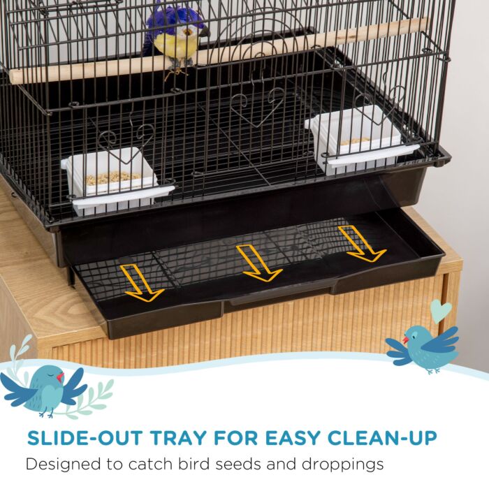 Pawhut Metal Bird Cage With Plastic Swing Perch Food Container Tray Handle For Finch Canary Budgie 50.5 X 40 X 63cm Black