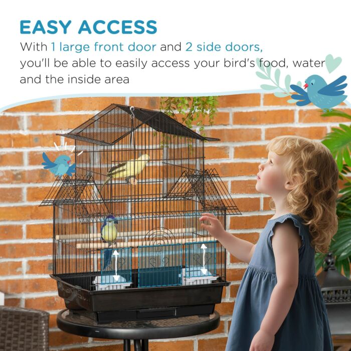 Pawhut Metal Bird Cage With Plastic Swing Perch Food Container Tray Handle For Finch Canary Budgie 50.5 X 40 X 63cm Black