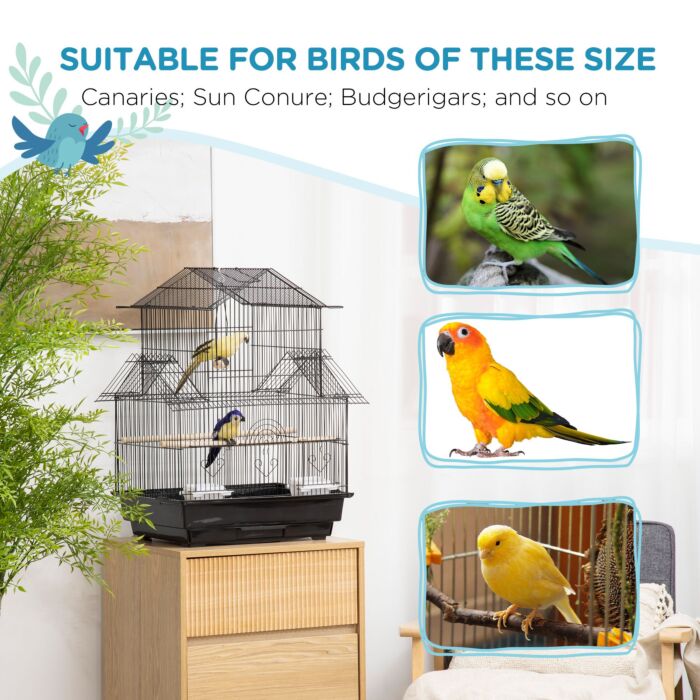 Pawhut Metal Bird Cage With Plastic Swing Perch Food Container Tray Handle For Finch Canary Budgie 50.5 X 40 X 63cm Black