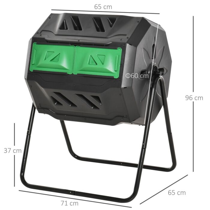 Outsunny 160l Tumbling Compost Bin Outdoor Dual Chamber 360° Rotating Composter W/ Sliding Doors & Solid Steel Frame, Black