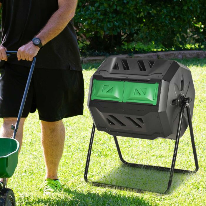 Outsunny 160l Tumbling Compost Bin Outdoor Dual Chamber 360° Rotating Composter W/ Sliding Doors & Solid Steel Frame, Black