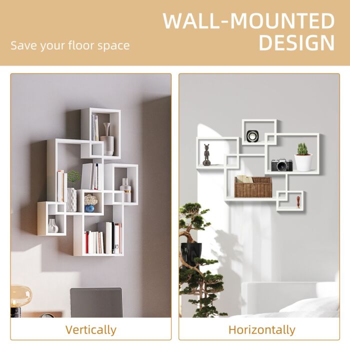 Homcom Floating Shelves, Wall Mounted Interlocking Cube Shelves, Display Wall Shelf, Hallways, White