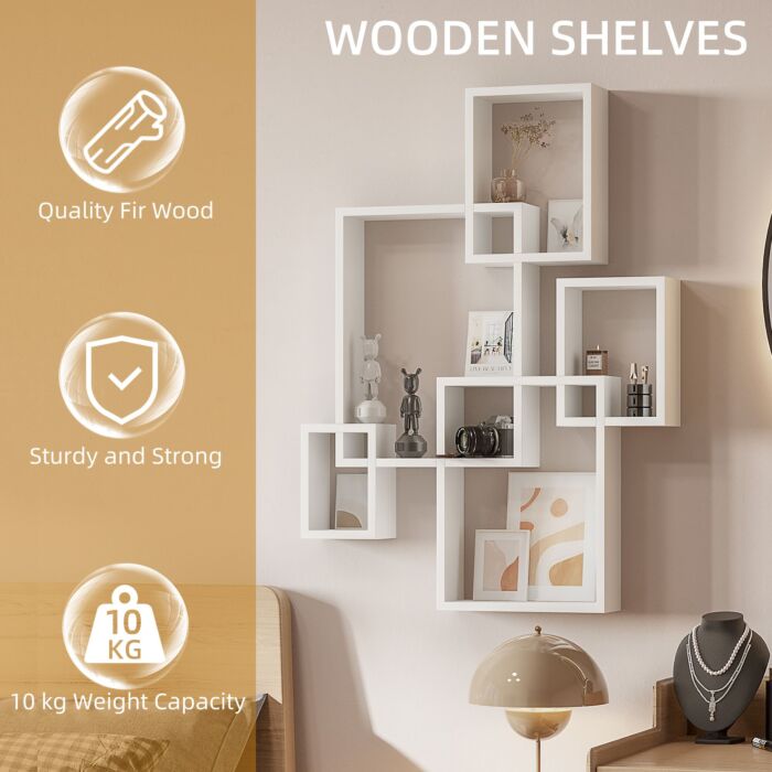 Homcom Floating Shelves, Wall Mounted Interlocking Cube Shelves, Display Wall Shelf, Hallways, White