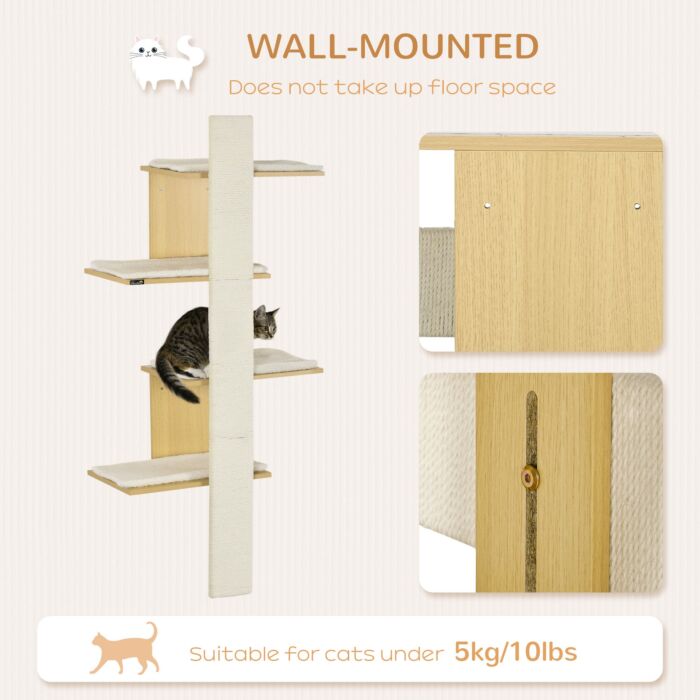 Pawhut Cat Tree For Indoor Cats, 4-layer Wall-mounted Shelf, Kitten Perch Climber Furniture With Cushions And Scratching Board, Oak