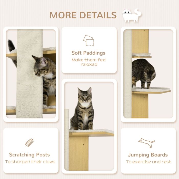 Pawhut Cat Tree For Indoor Cats, 4-layer Wall-mounted Shelf, Kitten Perch Climber Furniture With Cushions And Scratching Board, Oak