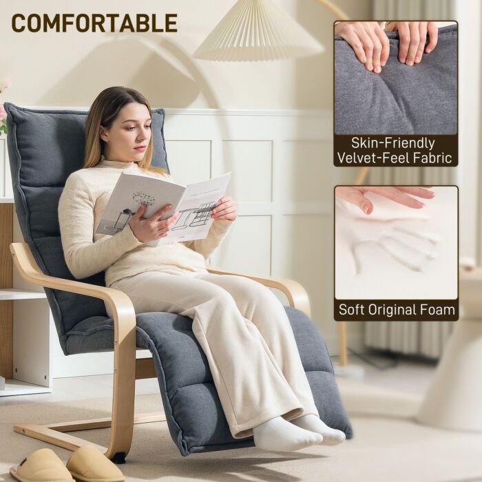 Homcom Curved Wooden Accent Chair, With Adjustable Footrest - Drak Grey