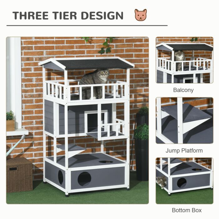 Pawhut Cats Fir Wood 3-tier Waterproof Play House Grey