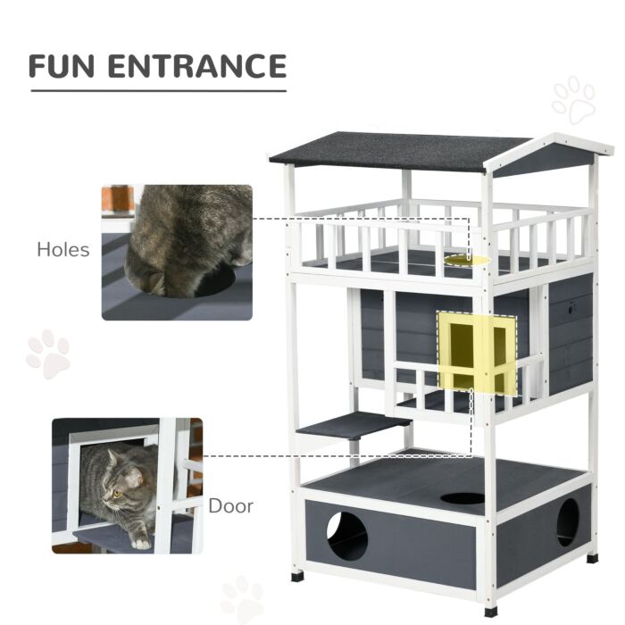 Pawhut Cats Fir Wood 3-tier Waterproof Play House Grey